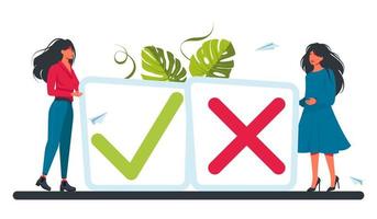 People at the button of a Tick and Cross sign. vote, election choice, checkmarks, Vector illustration for web banner, infographics, mobile. Checklist marks, choice options, survey signs