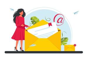 Concept sending and receiving mail messages, social network, chat, e-mail. Tiny Business woman holding a new letter in an envelope. Vector illustration