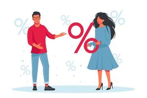 discount, sale. woman and man with a large percent sign. People advertise discounts. Discounts on goods, promotions. Save discounts. Financial interest. Increase, decrease in prices. Vector
