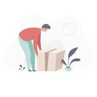 Man lifting cardboard boxes. a man picks up a box from the floor. flat illustration. big package in a box vector