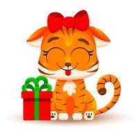 Cute cartoon tiger cub with bow and gift, showing tongue. Vector illustration isolated on white background. Christmas concept, Chinese New Year, symbol of 2022. Fashionable sticker. Christmas card.