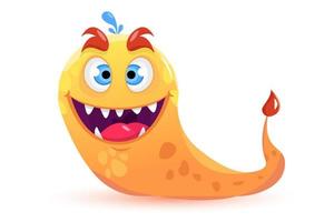 crawling, cute, friendly, fluffy, yellow monster alien waves and smiles. Cartoon style. Vector illustration