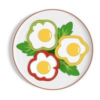 huevos revueltos en pimiento con verdor plato blanco, tortilla, vector