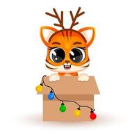 A cute cartoon tiger cub sits in a large box with garlands. Christmas concept, Chinese New Year,a symbol of 2022. Fashionable sticker. Christmas card. Vector illustration isolated on white background.