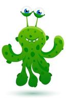 cute, friendly, green monster alien with tentacles in spots smiles. Cartoon style. vector illustration