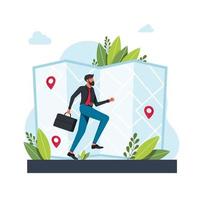 el hombre corre hacia la geolocalización. el hombre ejecuta la ruta en una aplicación de servicio de navegación map.gps. mapas, obtener direcciones metaphors.vector aislado concepto metáfora ilustraciones. obtener direcciones concepto abstracto vector