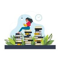 Young woman sitting and reading on a huge stack of books. Cartoon flat vector illustration isolated on white background. Student reading book and learning. Girl's pastime, leisure or hobby.