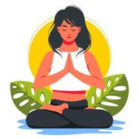 mujer en posición de loto y meditando en la naturaleza y hojas. Ilustración del concepto de yoga, meditación, relajación, recreación, estilo de vida saludable. ilustración vectorial en estilo de dibujos animados plana. vector