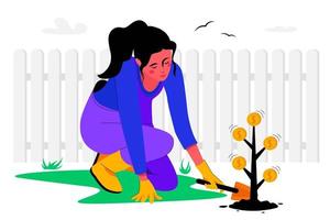 A Woman growing financial plant, analyzing wealth and prosperity. Vector illustration for business, finance, revenue, investing concept. The man caring for money tree with gloves.