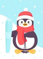 penguin stands with skis and ski poles in his hands, wearing a scarf. Christmas and New Year. Funny cartoon character of ski penguin. Christmas penguin skiing, outdoor activities. Vector illustration