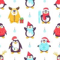 pingüinos de patrones sin fisuras. pingüinos de dibujos animados en varias poses y emociones. vector lindo invierno ilustración fondo azul. Feliz Navidad y feliz año nuevo de patrones sin fisuras con pingüinos en vector