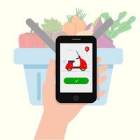 food delivery of vegetables through the application on the phone vector