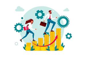 Lifestyle of Business Busy People, Businessmen. Businessman Catching Up Running Colleague, Business Competition. Isolated. Workers climb the career ladder running on coins. Vector illustration