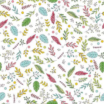 Hand drawn vector seamless pattern with floral elements on a white background. Vector pattern with leaves, twigs, branches, berries, grass.