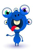 cute, friendly, many-eyed, blue monster alien waves his hand and smiles. Cartoon style. Vector illustration