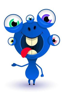 cute, friendly, many-eyed, blue monster alien waves his hand and smiles. Cartoon style. Vector illustration