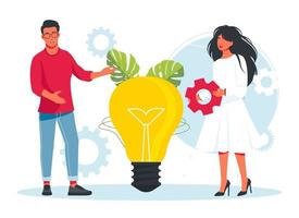 Man and woman stands by large light bulb. Business idea concept isolated. Creation, implementation of business innovations. Vector illustration. Implementation, integration of innovative ideas concept