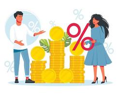 Discount, sale. Salesperson advertises discounts. Banker offering loan. Investor, entrepreneur getting income. Man and woman standing with heap of cash coins.Financial success, profit,business concept vector