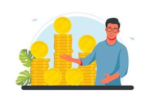 Discount, sale. Banker offering fast loan. Investor, entrepreneur getting income. Tiny Man standing with heap of cash coins.Financial success, profit, business concept. Income and money attraction vector