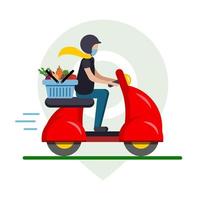 Entrega de alimentos de verduras en un ciclomotor rojo, motocicleta a través de la aplicación en el teléfono. vector