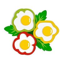 scrambled eggs in bell pepper with greenery white plate, omelet, vector illustration