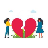 uTwo women couple connecting heart halves. LGBT, love is love, dating flat vector illustration Two flat females standing near a big broken red heart. Confident women. Self acceptance. Vector