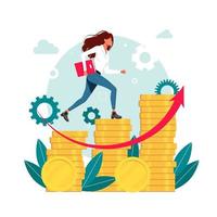 workers, managers, woman, businessmen running up the career stairs of money. Business goal achievement, career ladder progress, and advancement, Career growth, salary increase. Vector illustration