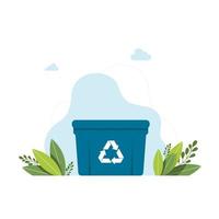 blue garbage can with sign of a garbage recycling Trash container bin icon. Garbage recycle basket box for trash waste vector