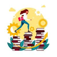 Climbing books. Woman in library going top. People climbing books. Business success, education level, staff and skill development vector concept. Businessman going up the stairs which made from books
