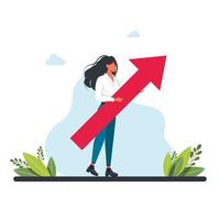 girl holding big arrow up in her hands.growth concept. career advancement. office workers, managers, women.Business goal achievement, career ladder progress, and advancement,career development concept vector