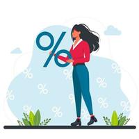 woman holding a big percent sign. a girl are holding a big percent sign. Discounts on goods, promotions. Keep discounts. Financial interest. Increase, decrease in price. Vector illustration.