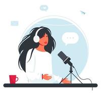 The woman is recording a podcast. Girl in headphones talking into a microphone. The radio DJ is broadcasting online. Joyful person radio host interviewing guest, mass media broadcasting. Vector