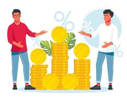 Discount, sale. Salesperson advertises discounts. Banker offering loan. Investor, entrepreneur getting income. Men standing with heap of cash coins. Financial success, profit, business concept. Vector