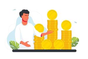 Discount, sale. Banker offering fast loan. Investor, entrepreneur getting income. Tiny Man standing with heap of cash coins.Financial success, profit, business concept. Income and money attraction vector