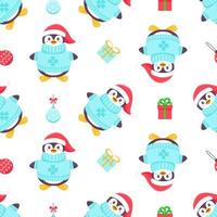 Penguins seamless pattern. Cartoon penguin in a cap, scarf and snowflakes. Vector cute winter illustration blue background. Merry Christmas and Happy New Year seamless pattern with penguins in vector