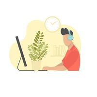 a man working at a computer at home with headphones, Home office concept, man working from home, student or freelancer. Cute vector illustration in flat style