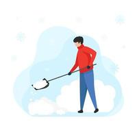 man with a shovel removes snow from the roof of the house. Clearing the area from snow during heavy snowfall. Vector illustration