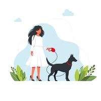 A beautiful woman in dress with heels is walking with a dog. Isolated on white background. young girl is walking with a big dog on a leash. Leisure time with pet concept. Vector illustration