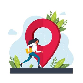 woman runs towards geolocation. GPS navigation service application. maps, get directions metaphors. Vector isolated concept metaphor illustrations. Get directions abstract concept