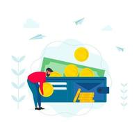 Businessman putting big dollar coin in wallet. Investment Financial Concept. Business People Increasing Capital and Profits. Wealth and Savings with Characters. Earnings Money vector