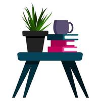 mesita con pila de libros, planta en maceta y taza de café o té. pequeña mesa con pila de libros y flor en maceta vector