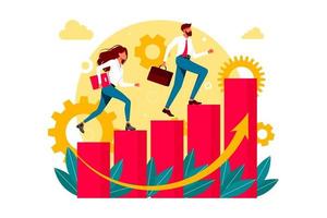 man and woman, office workers, managers, Successful businessmen running up the career stairs. Business goal achievement, career ladder progress, and advancement. Vector illustration