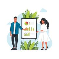 management team standing near the blackboard making a presentation. Indicates and explains the diagram, gives the report. Business presentation planning strategy. Vector illustration