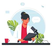 The woman is recording a podcast. Girl in headphones talking into a microphone. The radio DJ is broadcasting online. Joyful person radio host interviewing guest, mass media broadcasting. Vector