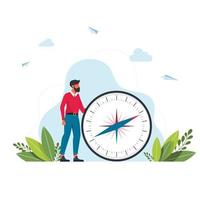 Vector illustration of man is holding a big compass in her hands. Cartography Orienteering, Navigation Equipment, Choose Correct Direction, Tourism and Hiking Concept. Cartoon Vector Illustration