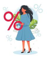 descuento, venta. mujer sosteniendo gran signo de porcentaje. chica tiene gran signo de porcentaje. descuentos en bienes, promociones. mantener los descuentos. interés financiero. aumento, disminución de precio. ilustración vectorial. vector