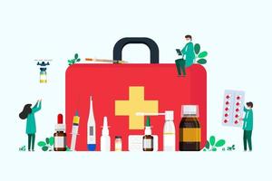 first aid kit with medicines for the throat, cold remedy, thermometer, tablets, syringe for injection. people collect medicine in first aid kit vector