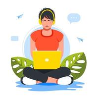 Business woman sitting in lotus position on floor using laptop and headphones.girl wearing headphones working at home on a laptop in lotus position. Freelance, online studying, work from home concept vector