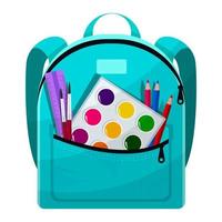 Colored school backpack. Education, schoolbag luggage, rucksack. Kids school bag backpack with education equipment.  Vector illustration