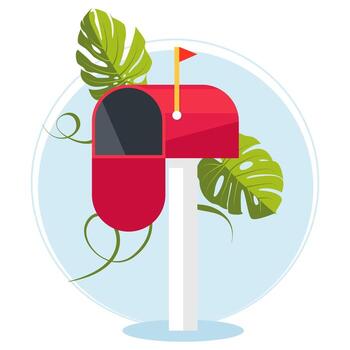Red mailbox on a stick. Communication between people. Place for envelopes, correspondence. The work of the post office. Send mail. vector